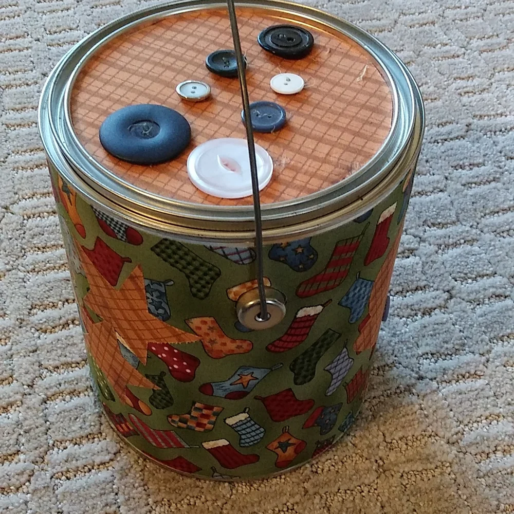 Button or Sewing Supply Storage Can with Secure Lid Closure and Handle
